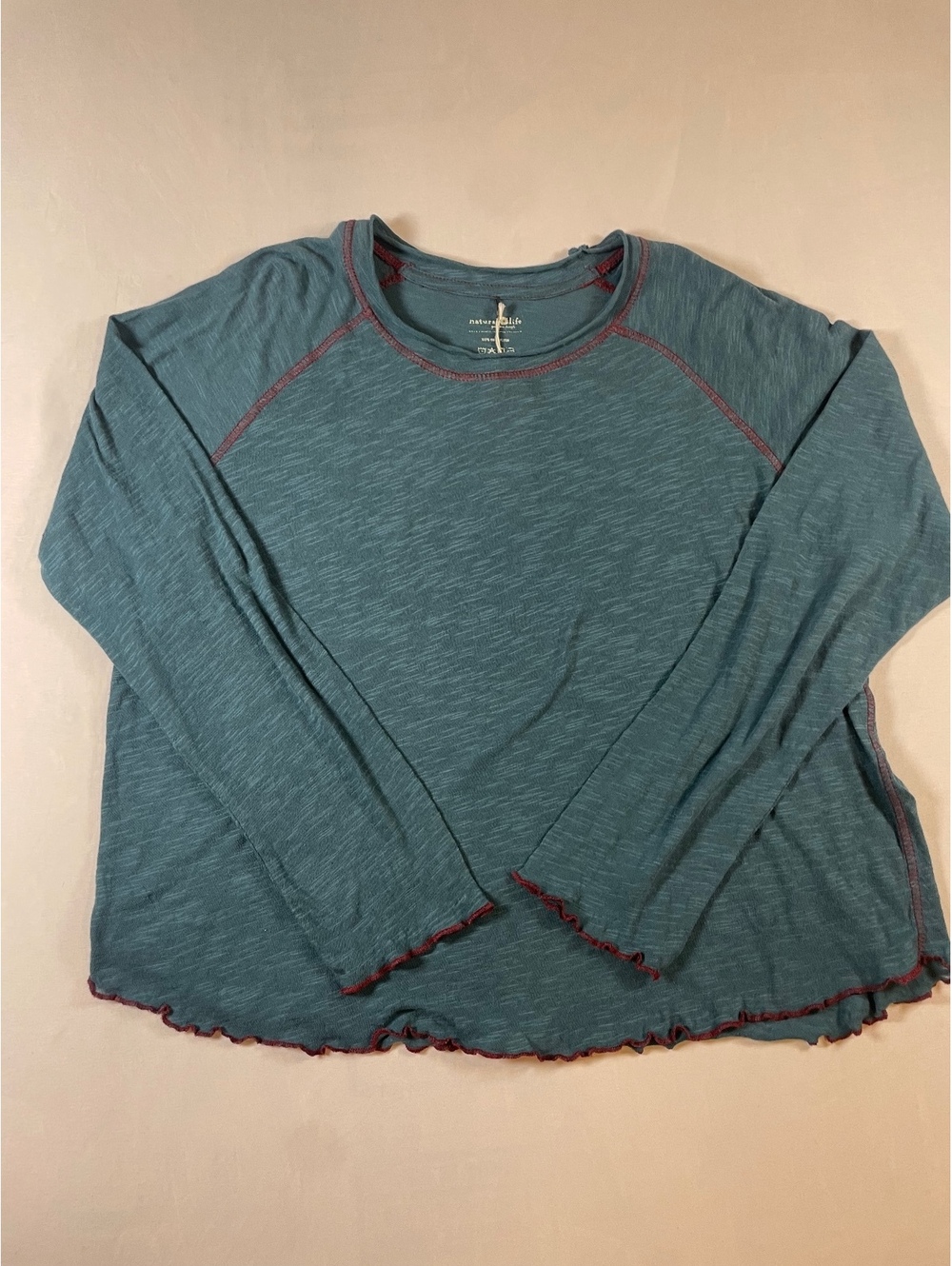 Natural Life Teal Blue Long Sleeve Slub Knit Top XL Lettuce Edge Contrast Stitch